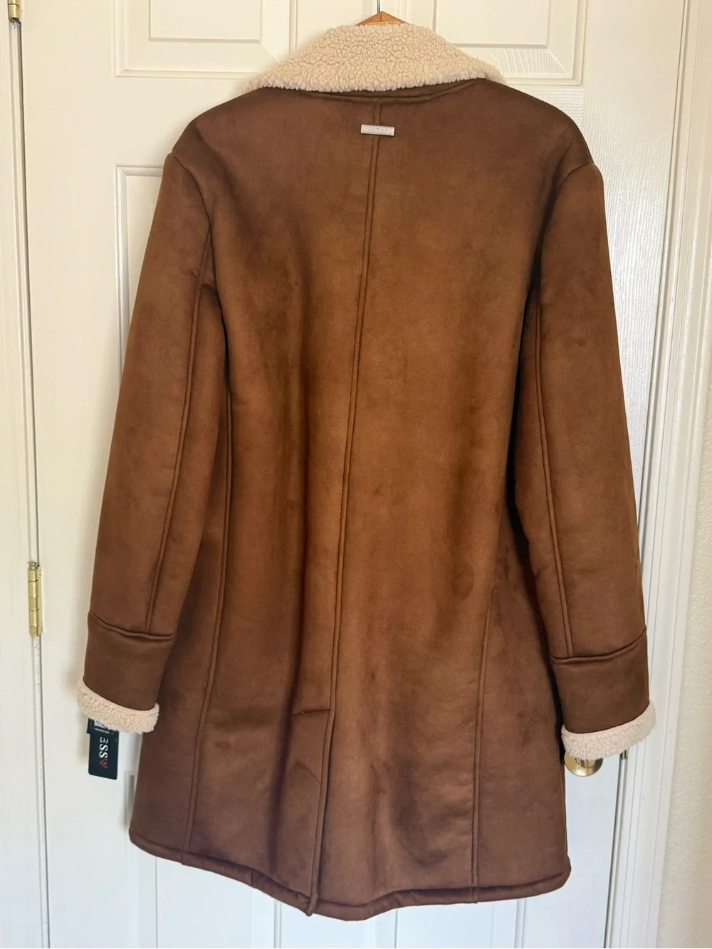 GUESS Brown Shearling-Trim Double-Breasted Pea Coat